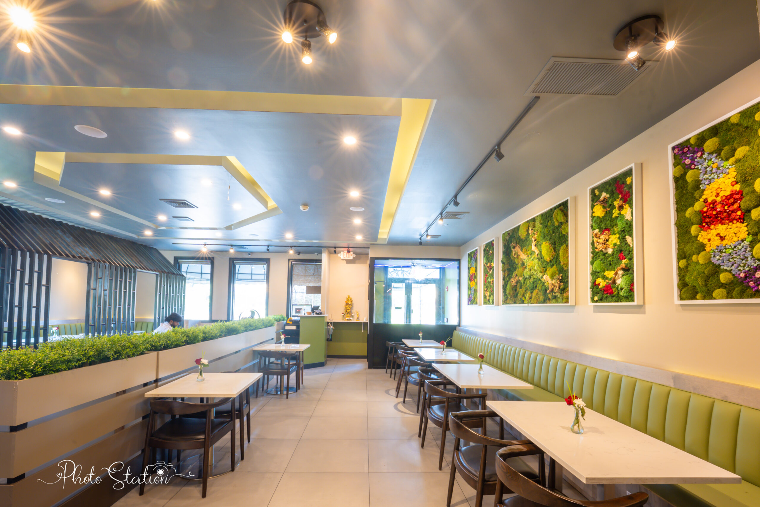 Modern and spacious interior dining area of Brundhavan Indian restaurant with elegant seating and warm lighting.