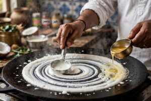 Chef making fresh dosa on hot tawa at Brundhavan